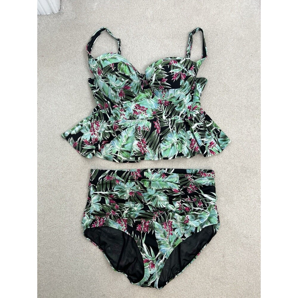Torrid 2 Piece Bikini Womens 2 2X High Waist Swimsuit Peplum Tankini Tropical